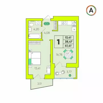 1-к кв. Калужская область, Калуга Зеленый жилой комплекс (41.41 м)