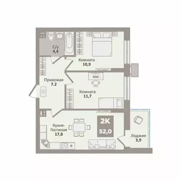 2-к кв. Курганская область, Курган Заозерный жилрайон, 12-й мкр, 2 ...