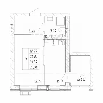 1-к кв. Калининградская область, Зеленоградск  (33.96 м)