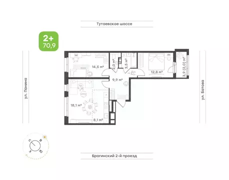 3-к кв. Ярославская область, Ярославль Тутаевское ш., 93Б (70.9 м)