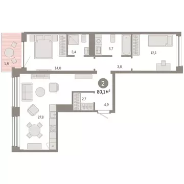 3-комнатная квартира: Тюмень, улица Муравленко, 9к1 (80.09 м)