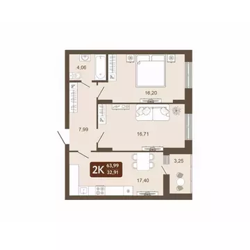 2-к кв. Кемеровская область, Кемерово 58В мкр, 1 (63.99 м)