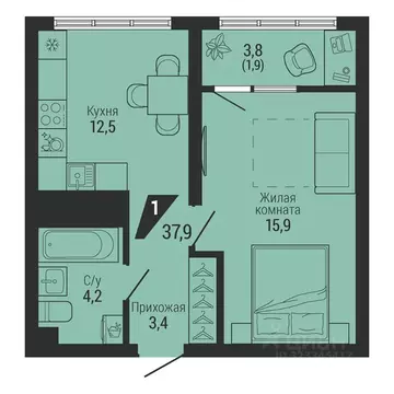 1-к кв. Свердловская область, Екатеринбург Вторчермет жилрайон,  (37.9 ...