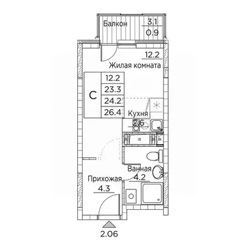 1-к кв. Приморский край, Владивосток ул. Расула Гамзатова, 7к2 (26.4 ...