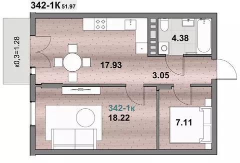 1-к кв. Калининградская область, Зеленоградск ул. Гагарина (51.97 м)