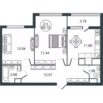 2-к кв. Тверская область, Тверь Южный мкр,  (65.12 м)