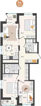 4-к кв. Пермский край, Пермь ул. Куфонина, 1 (76.9 м)