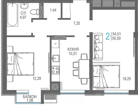 2-к кв. Крым, Симферопольский район, Гвардейское пгт, Республика жилой ...