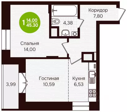 1-к кв. Чувашия, Чебоксары 14-й мкр, Грани жилой комплекс (45.3 м)