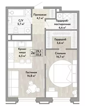 2-к кв. Хабаровский край, Хабаровск ул. Нагишкина, 3 (55.8 м)