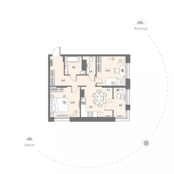 2-к кв. Вологодская область, Вологда ул. Возрождения, 35к1 (57.1 м)