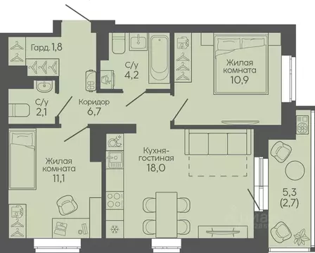 2-к кв. Волгоградская область, Волгоград Трехгорная ул., 27 (57.5 м)