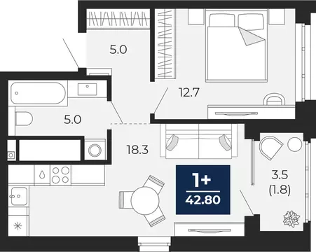 1-комнатная квартира: Тюмень, проезд Капитана Куликова, 5 (44.5 м)