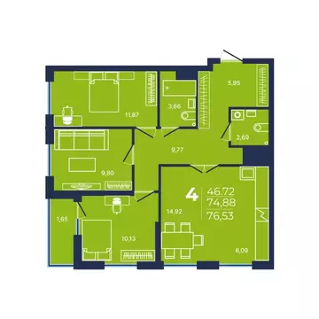 4-к кв. Башкортостан, Уфа ул. Майора Доставалова, 1 (76.53 м)