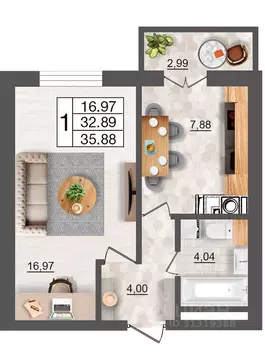 1-к кв. Смоленская область, Смоленск Максимум жилой комплекс (35.88 м)