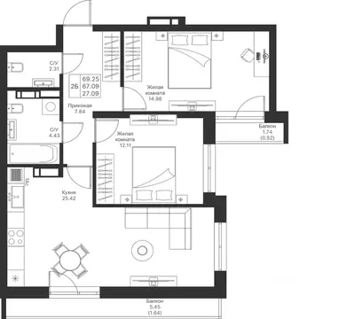 2-к кв. Татарстан, Казань Мой Ритм жилой комплекс, ПК14 (69.25 м)