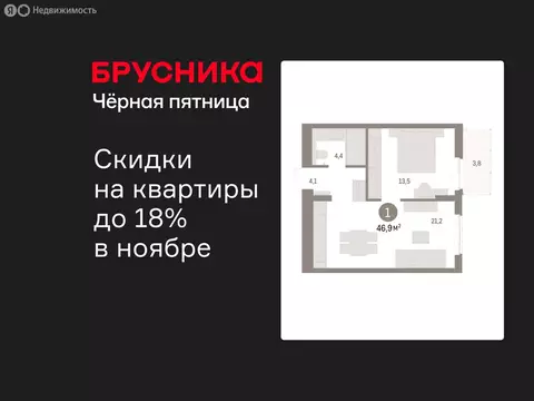 1-комнатная квартира: Новоселье, ЖК Брусника (46.93 м)