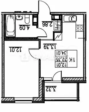 1-комнатная квартира: Кудрово, проспект Строителей, 1к2 (34 м)