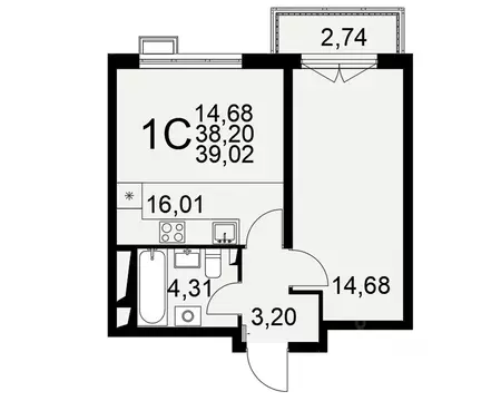 1-к кв. Тульская область, Тула Выше жилой комплекс (39.02 м)