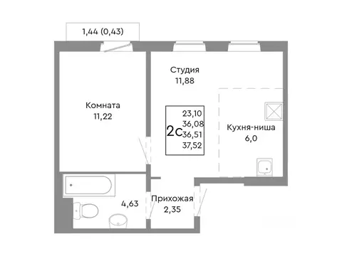 2-к кв. Челябинская область, Челябинск Ярославская ул. (36.51 м)
