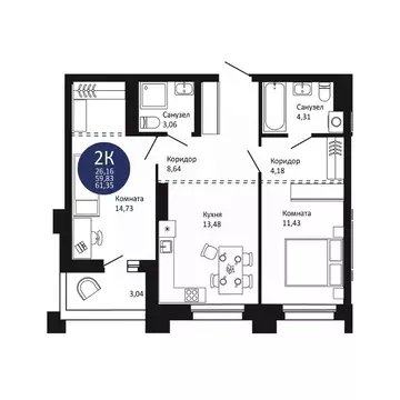 2-к кв. Новосибирская область, Новосибирск 1-й на Рябиновой жилой ...