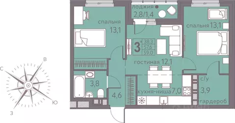 Студия Пермский край, Пермь ул. Серебристая, 7 (59.0 м)