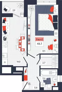 2-к кв. Тульская область, Тула ул. Академика Насоновой, 9 (46.1 м)