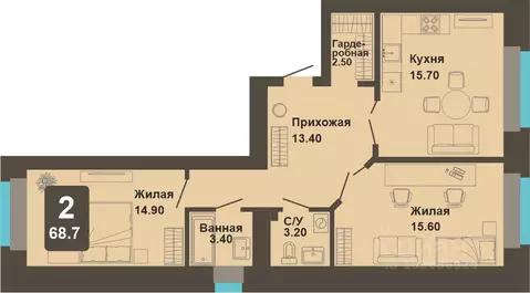 2-к кв. Чувашия, Чебоксары ул. И.П. Прокопьева (68.7 м)