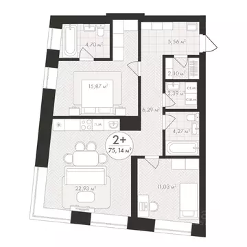 2-к кв. Башкортостан, Уфа Южный-2 мкр,  (75.14 м)