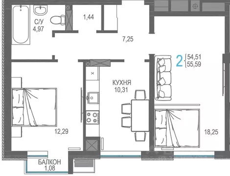 2-к кв. Крым, Симферопольский район, Гвардейское пгт, Республика жилой ...
