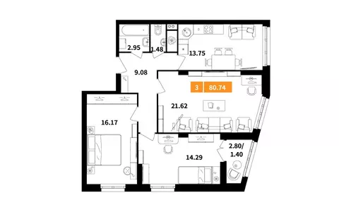 3-комнатная квартира: Химки, жилой комплекс Планерный квартал (80.74 ...