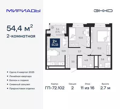 2-к кв. Тюменская область, Тюмень Мириады жилой комплекс (54.4 м)