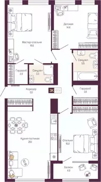 3-к кв. Нижегородская область, Нижний Новгород ул. Тургенева (105.1 м)