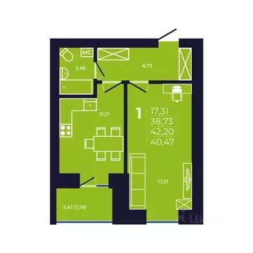 1-к кв. Башкортостан, Уфа ул. Михаила Зайцева, 6 (40.4 м)