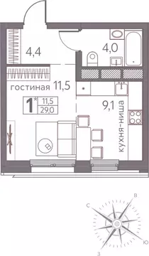 Студия Пермский край, Пермь ул. Серебристая, 3 (29.0 м)