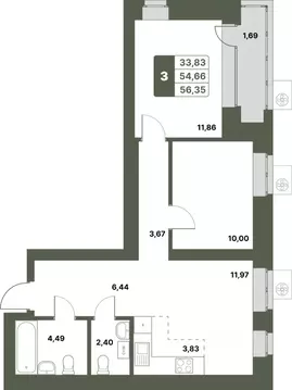 3-к кв. Башкортостан, Уфимский район, с. Миловка  (56.35 м)