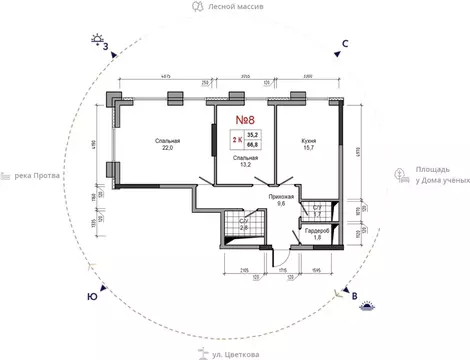 2-комнатная квартира: Обнинск, улица Усачёва, 4 (66.8 м)