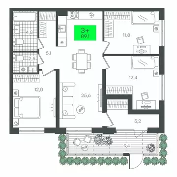 3-комнатная квартира: Тюмень, улица Николая Глебова, 10 (89.12 м)