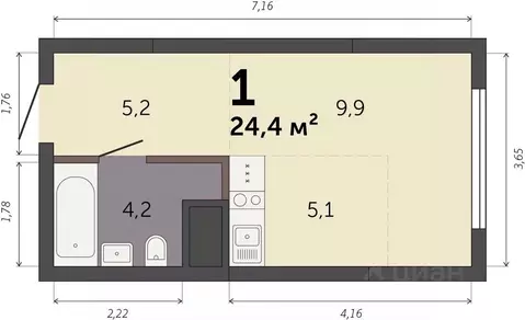 Студия Свердловская область, Екатеринбург Южный жилрайон,  (24.4 м)