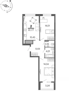 2-к кв. Рязанская область, Рязань Бирюзова Парк жилой комплекс (61.77 ...