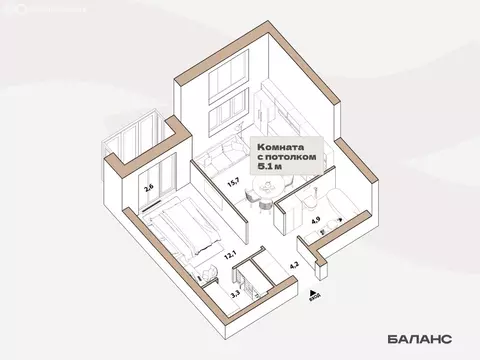 1-комнатная квартира: Тюмень, улица Республики, 204к17 (41.55 м)