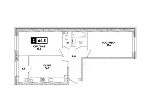 2-к кв. Ставропольский край, Ставрополь ул. Андрея Голуба, 12к8 (64.8 ...