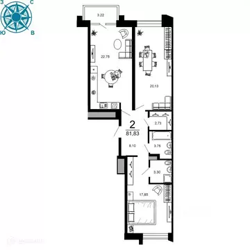 2-к кв. Рязанская область, Рязань ул. 1-я Железнодорожная (81.83 м)