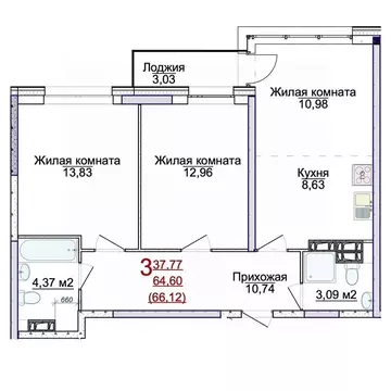 3-к кв. Ярославская область, Ярославль Аэропарк жилой комплекс (66.12 ...
