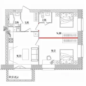 2-к кв. Татарстан, Набережные Челны ул. Прибрежная, 9 (64.7 м)
