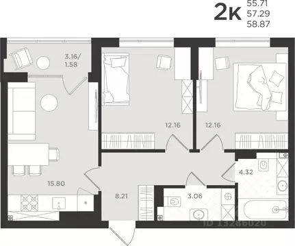 2-к кв. Калининградская область, Светлогорск  (57.29 м)