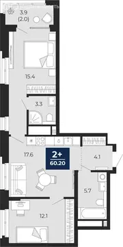 2-комнатная квартира: Тюмень, проезд Капитана Куликова, 5 (62.1 м)