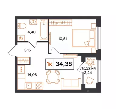 1-к кв. Тюменская область, Тюмень Полевая ул., 117к12 (34.38 м)