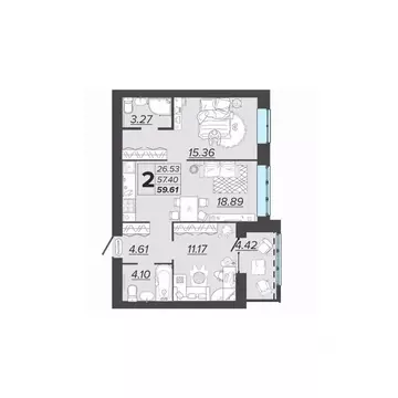 2-к кв. Брянская область, Брянск Архитектор жилой комплекс (59.61 м)