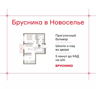 2-комнатная квартира: городской посёлок Новоселье, ЖК Брусника (58.83 ...